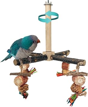 Bird Perch 360 Rotating Perch with Natural Chew Toys - Spinning Bird Toys Cage Accessories- Parrot Wooden Stand for Small and Medium Birds Parakeets, Budgies, Cockatiels, Conures, Finches
