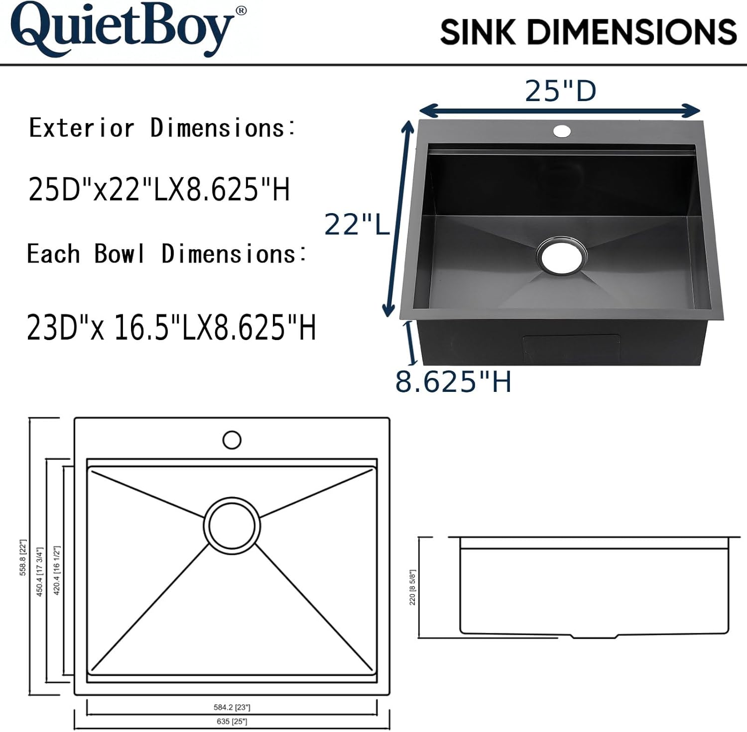 QuietBoy 25" Black Workstation Kitchen Sink, 16 Gauge Stainless Steel Drop-In Single Bowl Sink, Topmount Farmhouse Sink for Kitchen & RV, Deep Basin with Ledge & Accessories (Black, 2522)