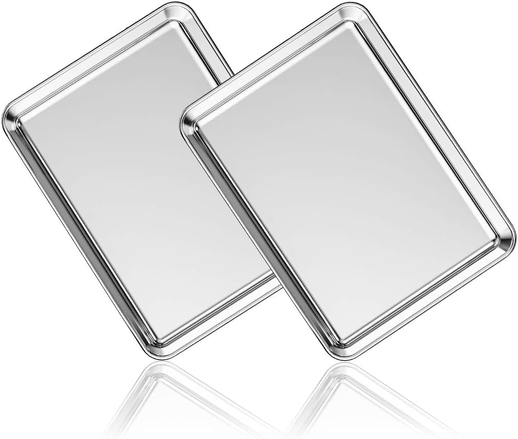 Product image of Stainless Steel Baking Sheet Set of 2, Deedro Cookie Sheet Metal Baking Pan Oven Tray, Non Toxic & Heavy Duty, Rust Free & Mirror Finish, Easy Clean & Dishwasher Safe, 9 x 7 x 1 Inch