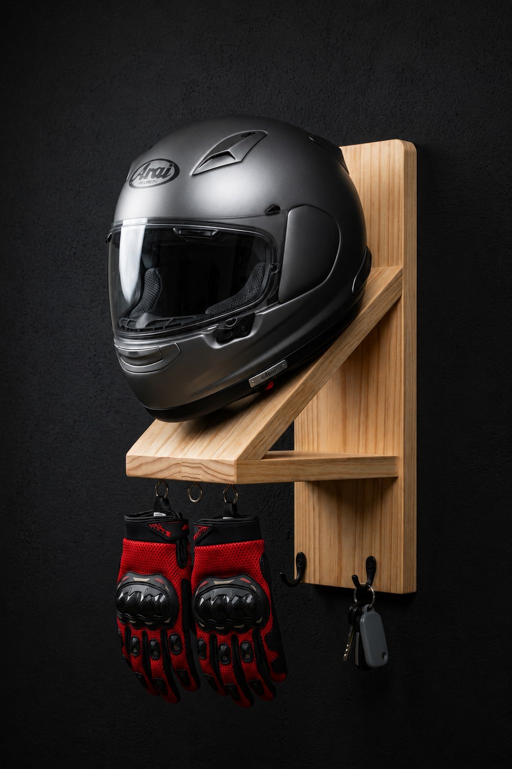 AD Wood Crafts Pine Wood Wall Mounted Helmet Stand with Key Hooks & Utility Shelf | Wooden Helmet Holder for Motorcycle Helmet, Gloves & Keys | Space Saving Organizer for Home & Garage-image-35