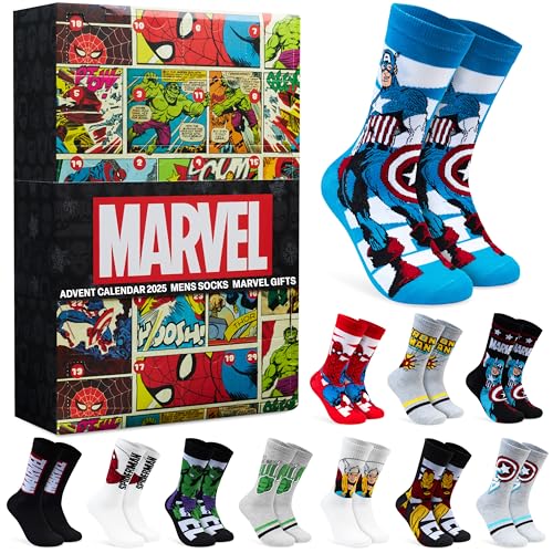 Get Trend Marvel 24 Pcs Socks Advent Calendar 2025 for Men Teens Funny Crew Socks Size 8-12 Christmas Countdown Calendar Gifts for Men