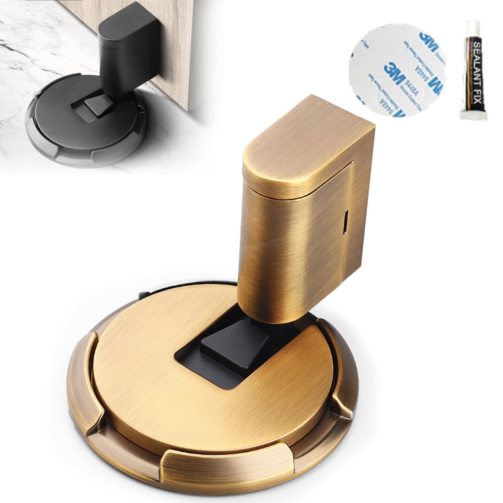 Mechanical Floor Door Stopper, Magnetic Door Stopper, Mechanical Pushing Door Stop for Bottom of Door, No Punching Required (Yellow Bronze)