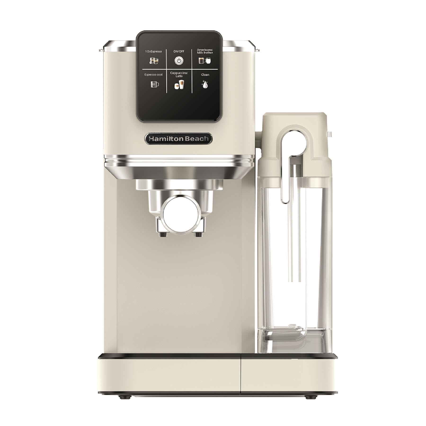 Hamilton Beach Espresso Coffee Machine, BaristaPro+ 8-in-1, Compact Stainless Steel, LCD Touch Screen Control, Integrated Milk Frother, 20-Bar Pressure & Fast Heat, Hot & Iced Coffee, Cream - HBC7210C