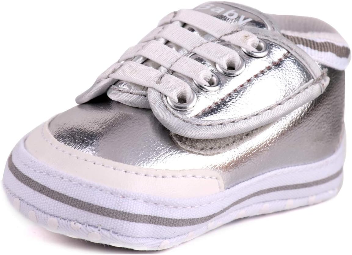 LONSOEN Classic Baby Sneakers for Girls Boys Infant Moccasins First Walking Crib Shoes,BAY203 Silver 12-18 Months