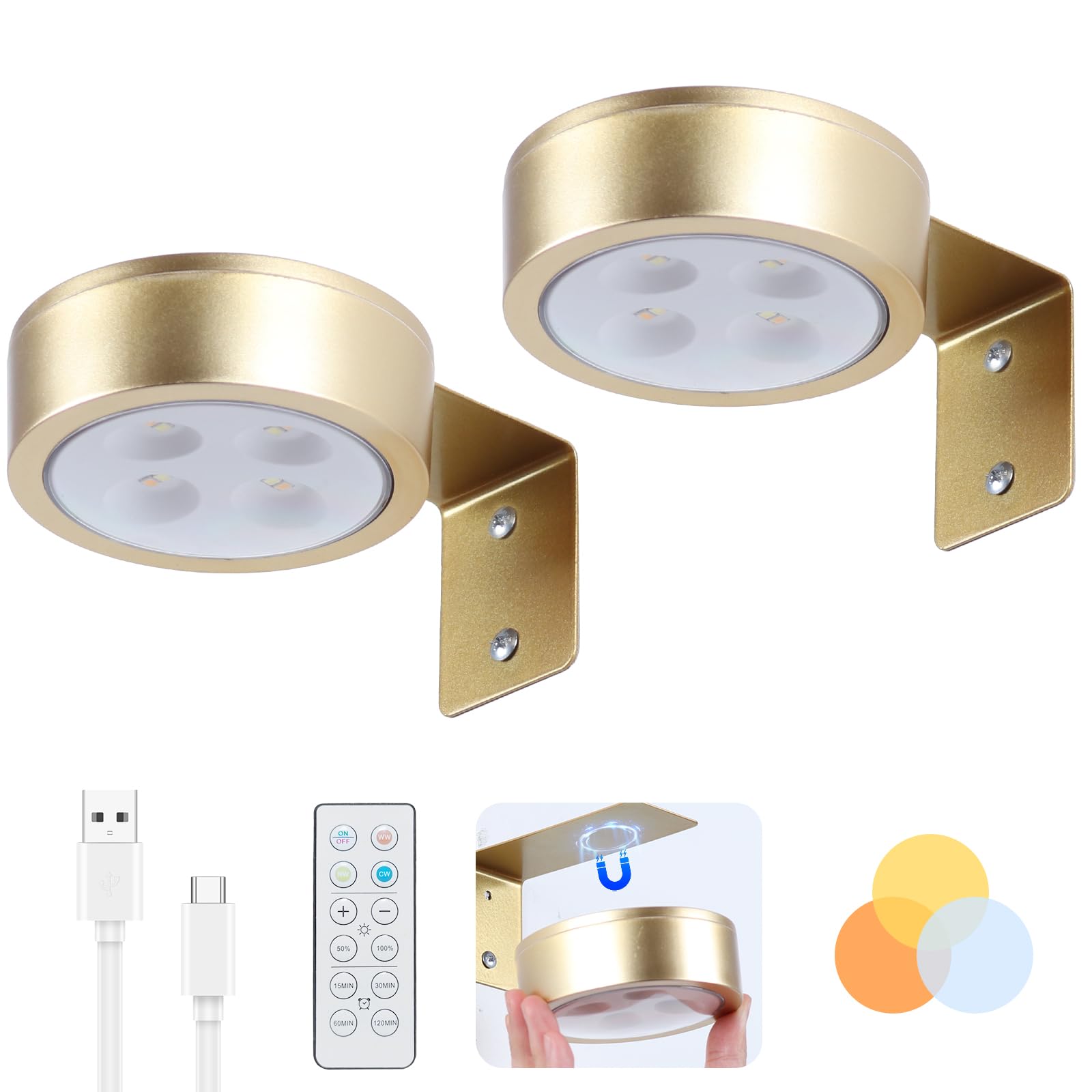 2 Pack Picture Lights for Wall, Gold Rechargeable Magnetic with Remote