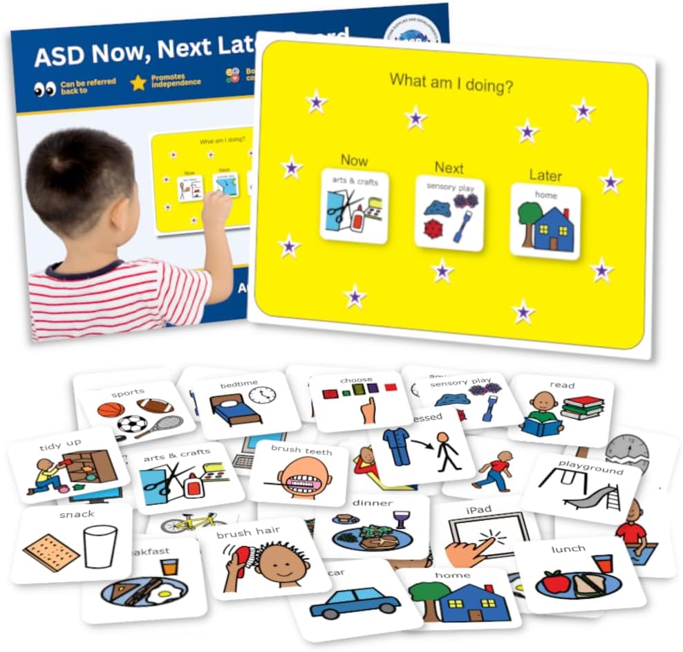 Now Next Later Board for Autism – Visual Timetable for Autistic Children with 32 Communication Cards – SEN – Chore Chart for kids –Autism Learning Resources