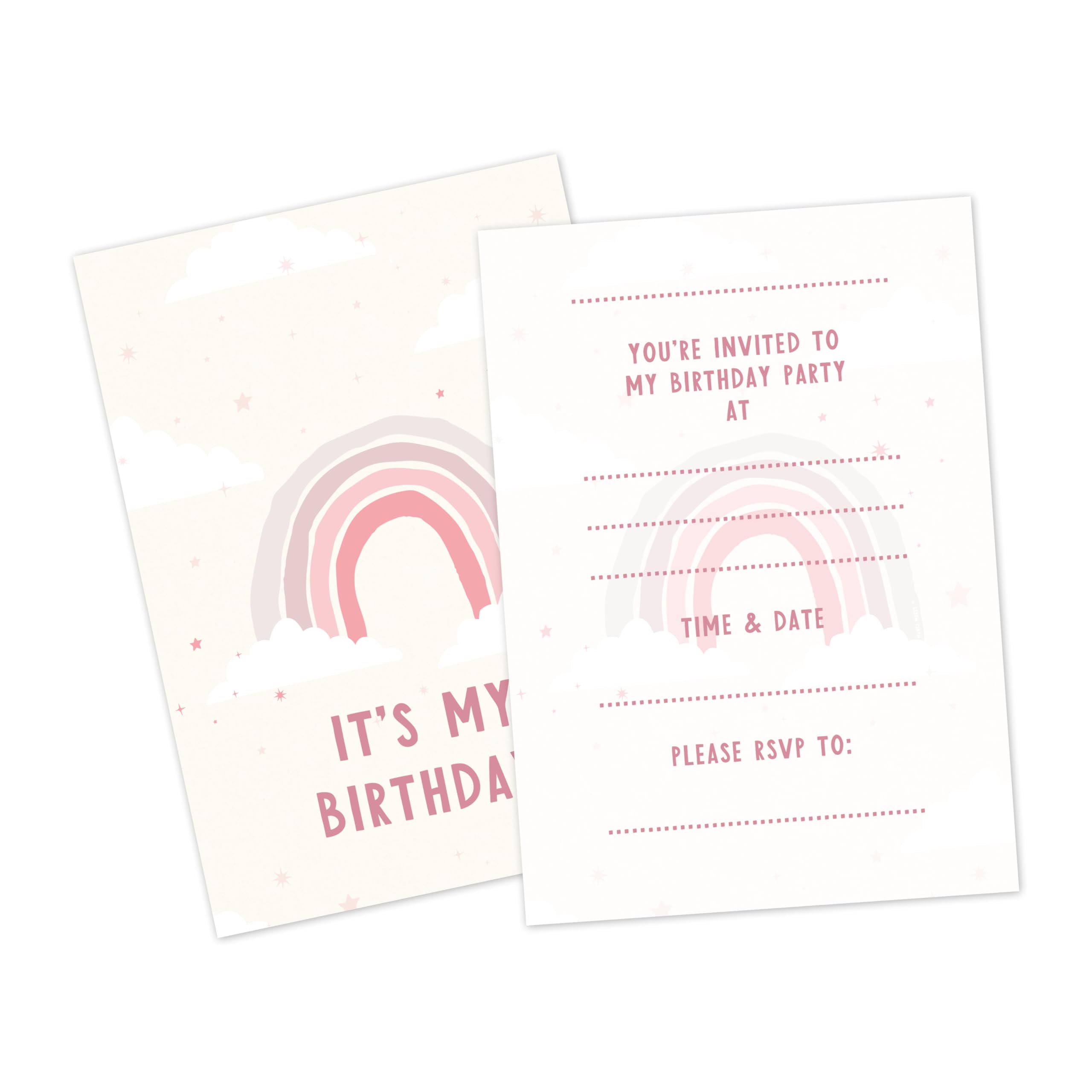 Manta Makes 12 x Pink rainbow birthday invitations for girls, party invites for girls birthday party, pink party invitations for kids (12 Invites Only - No envelopes)