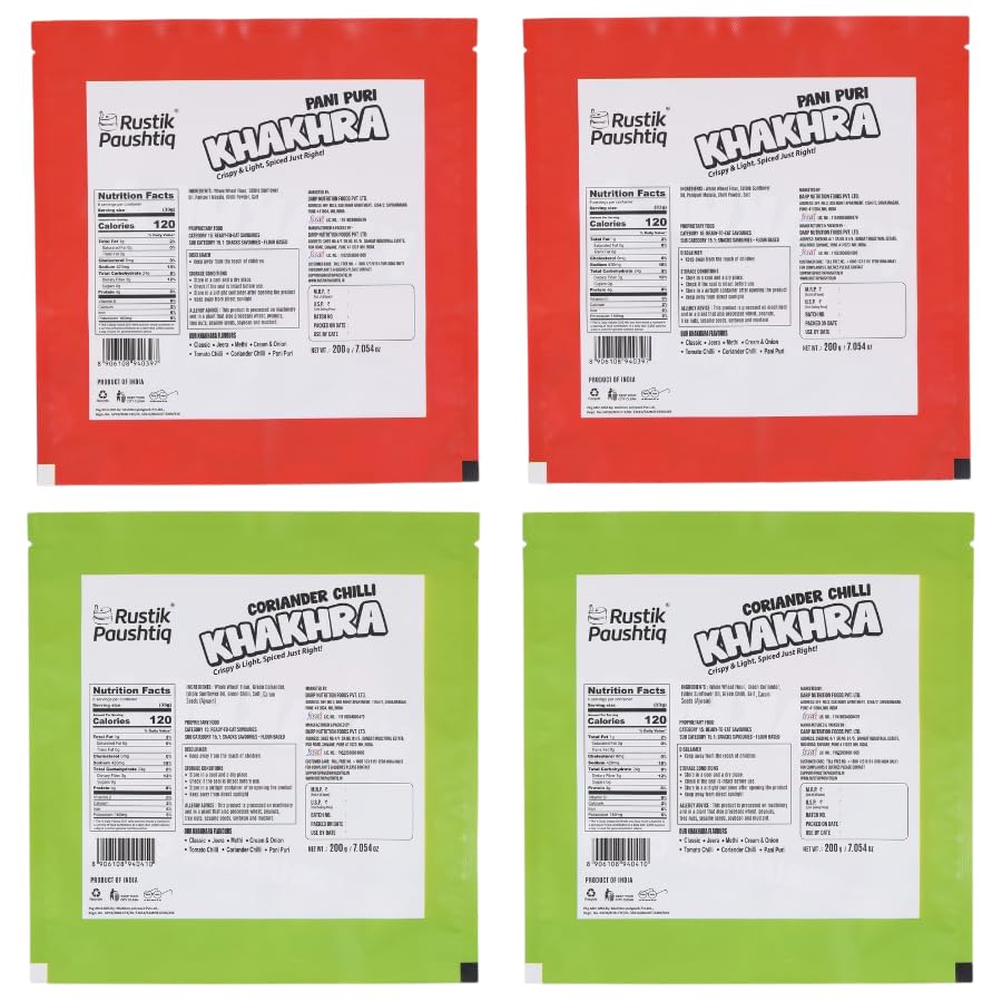 Image of RUSTIK PAUSHTIK Baked Khakhra Combo Pack - 200g x 4 Packets | 2 Panipuri & 2 Coriander Chilli Flavour | Gujarati Snack | High Fiber Diet | No Palm Oil | Ready to Eat Tea Time Snack | 800g