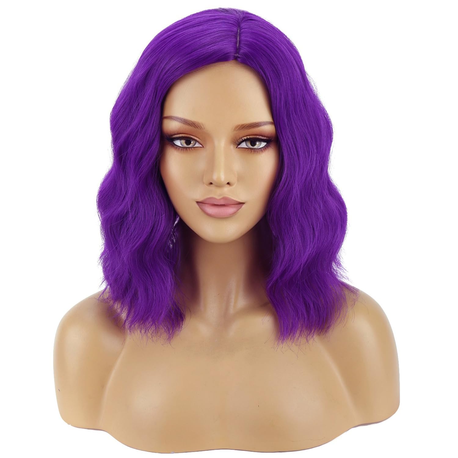 BERON Mix Purple Wig Short Curly Wig Purple Bob Wigs Women Beach Wave Wigs for Cosplay Costume Party Hairnet Included