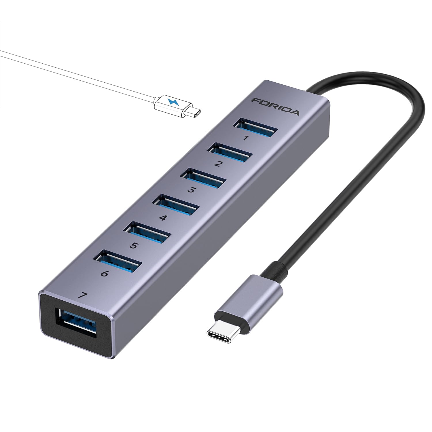 FORIDA USB C to USB Hub, 8 Ports USB 3.0 Adapter with 7 USB 3.0 Data Ports, Aluminum Alloy Shell USB Splitter with USB C 5V/3A Power Port for Laptop PC and More