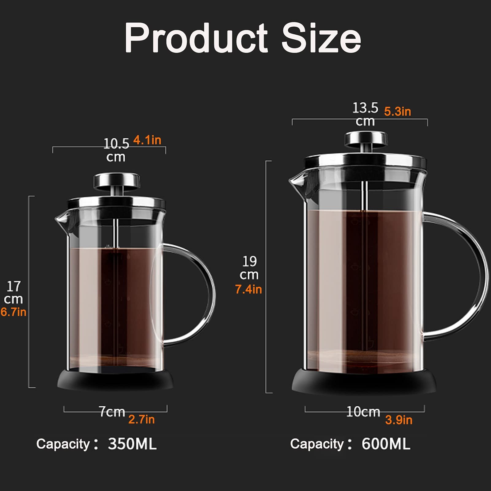 Cafetera Émbolo,French Press De Acero Inoxidable 304 Con Pantalla De 3 Filtros,Jarra De Vidrio De Borosilicato Resistente Al Calor Cafetera De Piston,Ideal Para Preparar Su Taza De Café O Té Favorita