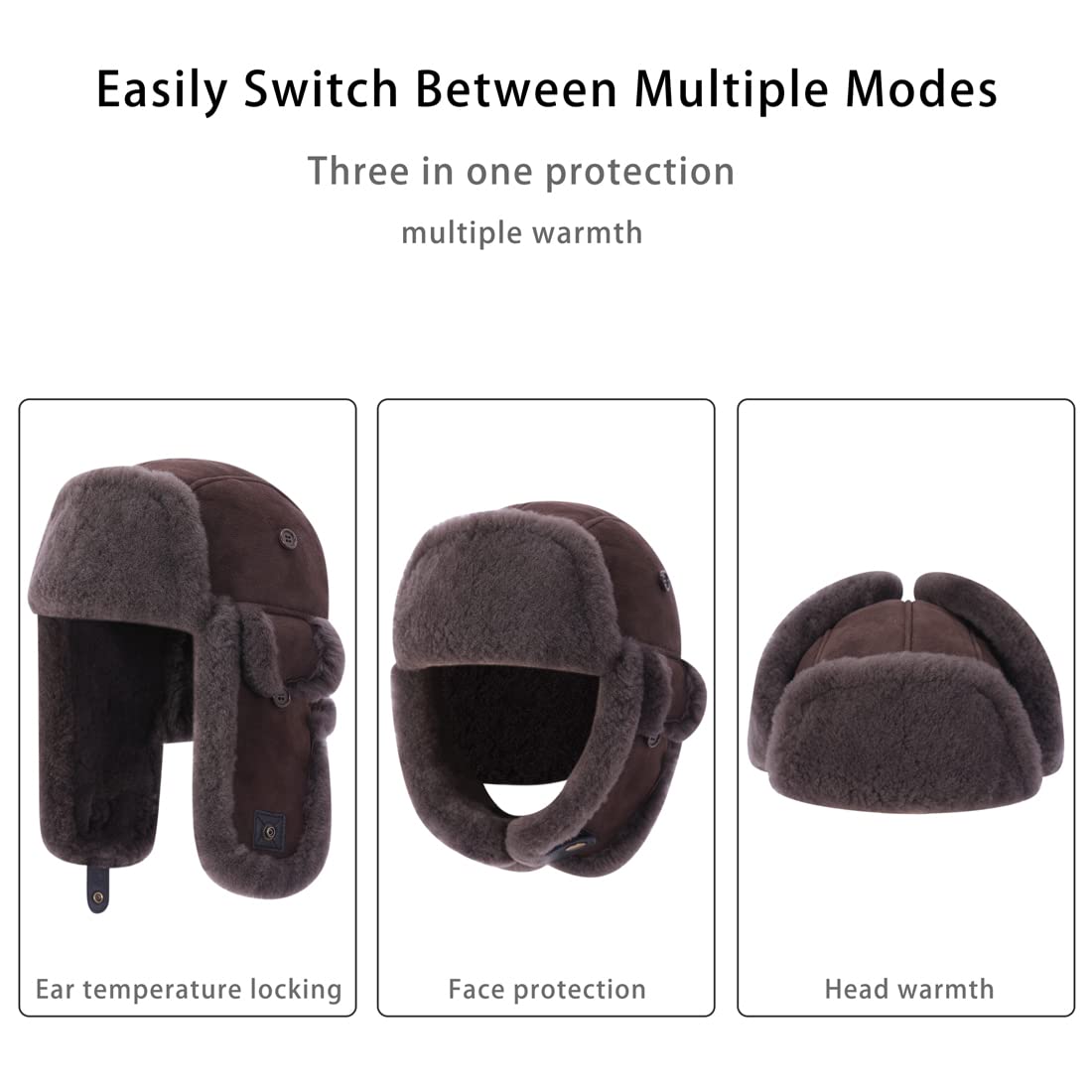 Harssidanzar Lammfell Shearling Wintermütze für Herren und Damen Echtes Leder Trappermütze Fliegermütze Aviatormütze Ushanka Bomber Hut mit Ohrenklappen CU603EU1