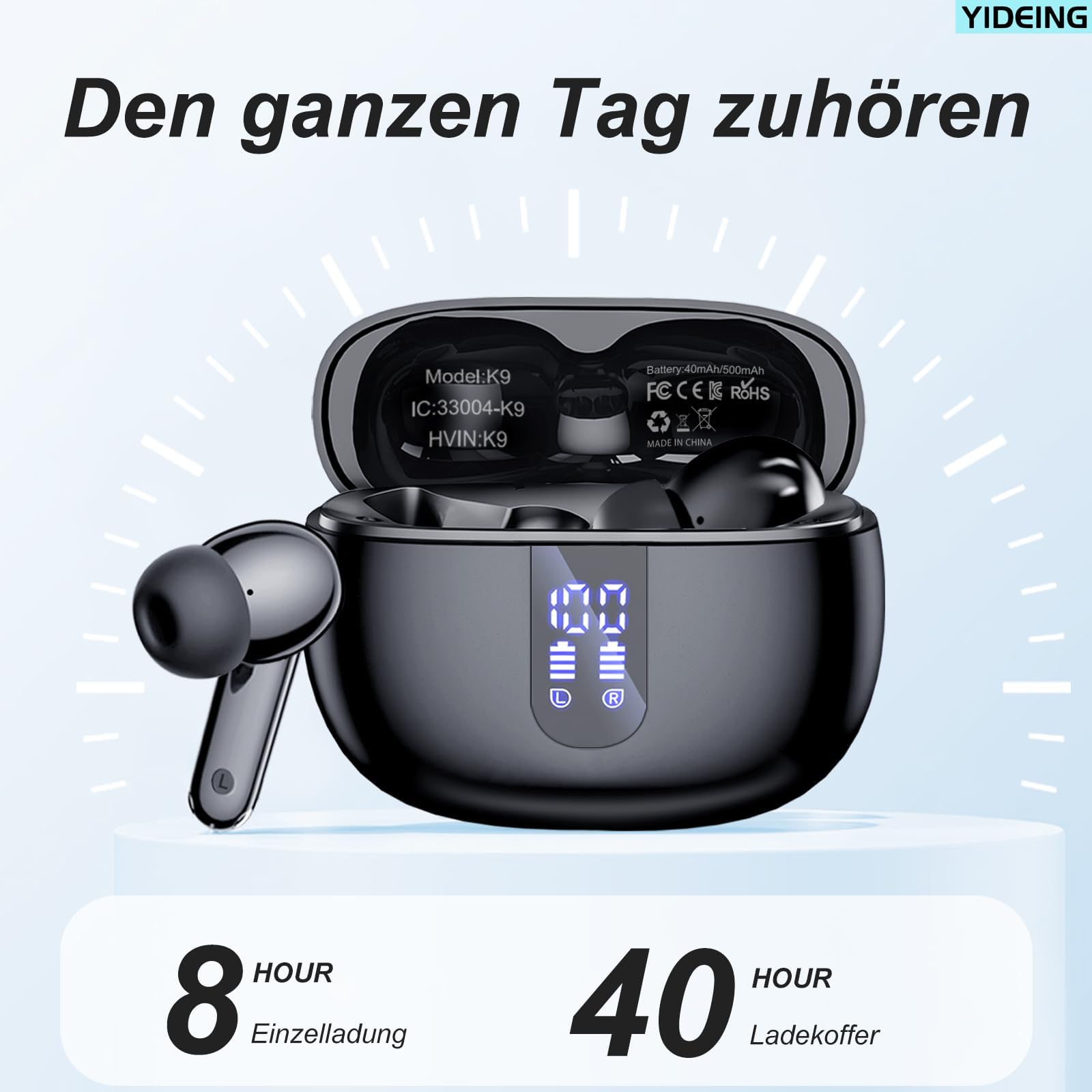 Auricolari Bluetooth senza fili,Auricolari Bluetooth 5.3,40 ore di autonomia con schermo di alimentazione LED, IPX7 impermeabile, con audio stereo Hi-FI,Intraauricolari con microfono, nero