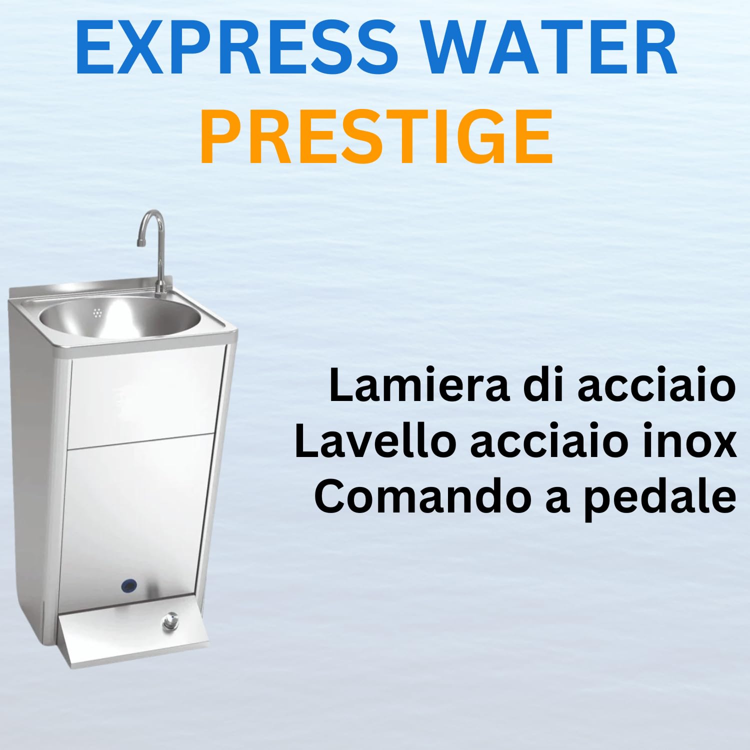 Express Water Prestige, Lavandino Lavabo Lavello Lavamani, Attacco alla Rete Idrica, a Colonna, in Acciaio Inox, con Comando a Pedale, Certificato per ASL, per Negozi e Studi Medici