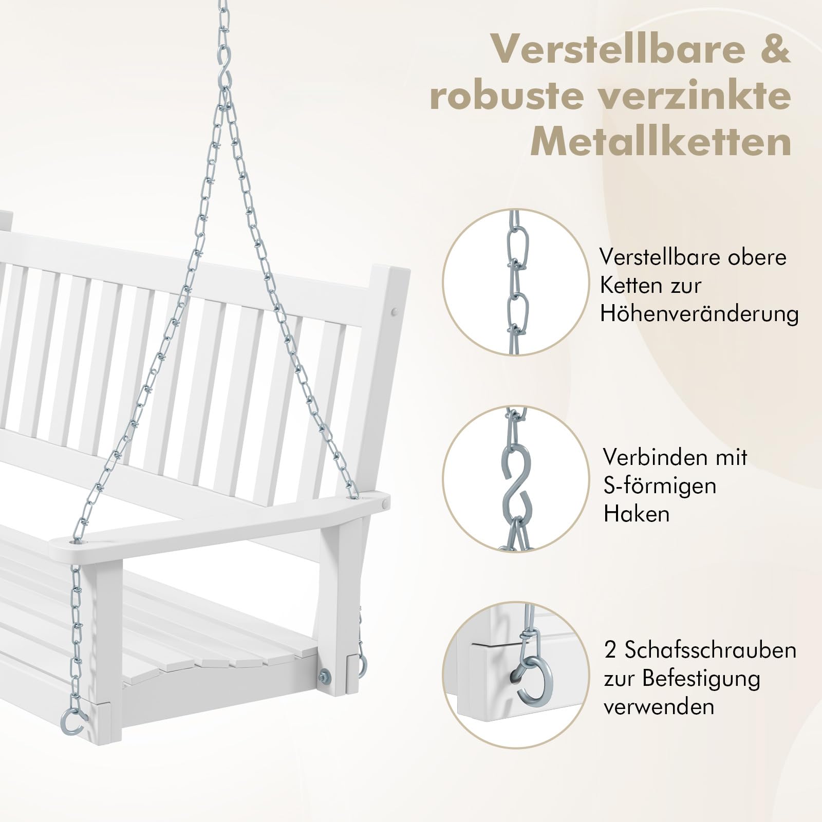 COSTWAY Hängebank aus Massivholz, 3-Sitzer Gartenschaukel zum Aufhängen, Hollywoodschaukel bis 360 kg belastbar, Outdoor-Schaukelbank für Terrasse, Garten, Hof, Weiß, 168 x 65 x 63 cm