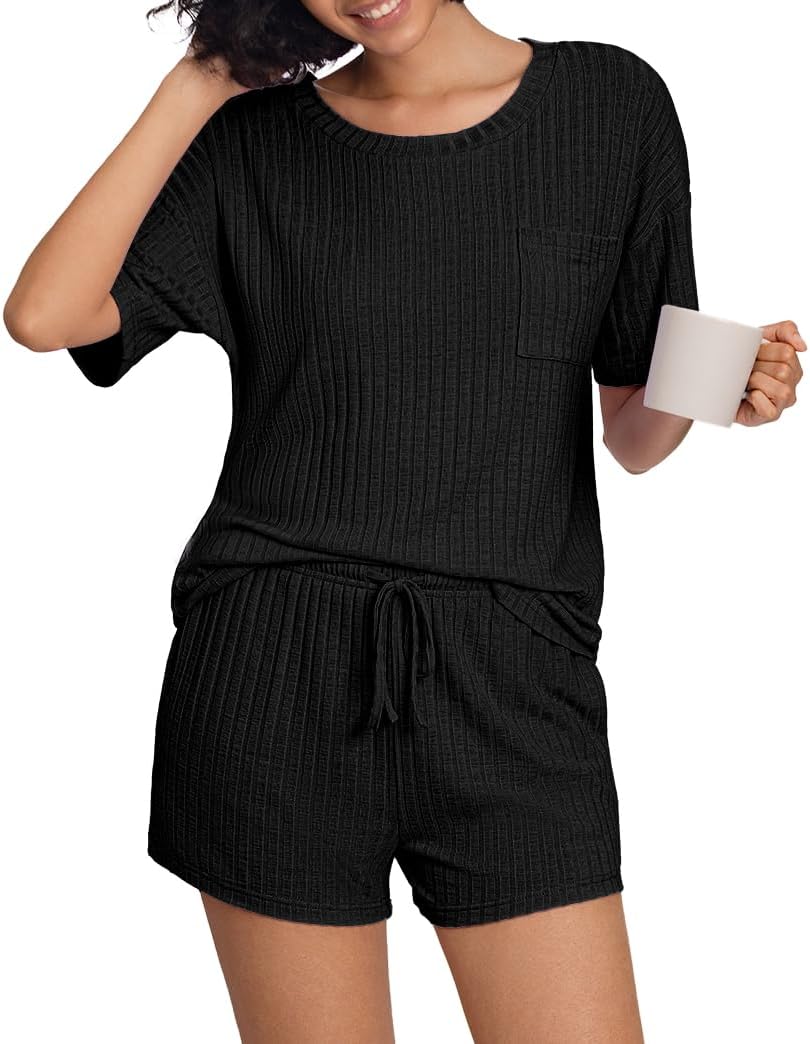 PrinStory Womens Pajama Sets Pjs Short Sleeve Casual Pajamas Set Soft Sleepwear with Pockets