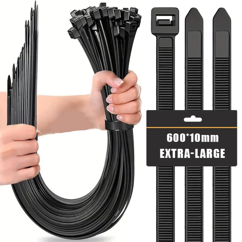 Caiery 50 Stück Große lange Kabelbinder 600 mm x 10 mm, UV-Beständig ultra starke Kabelbinder mit 100 kg Zugfestigkeit,Schwarz