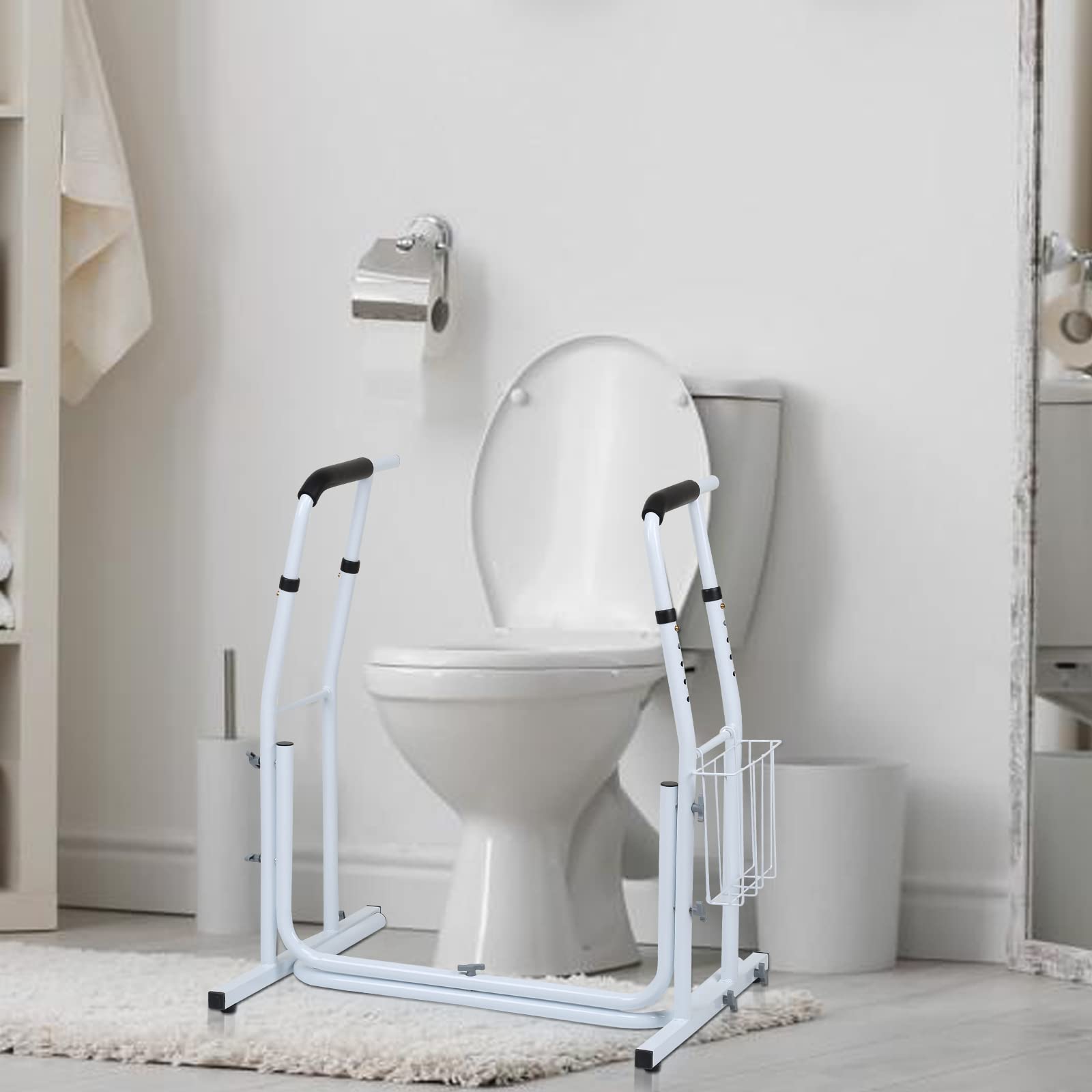 Supporto per WC mobile con cestino, supporto per WC regolabile in altezza, portata fino a 140 kg, supporto WC per anziani, disattivato, donne incinte