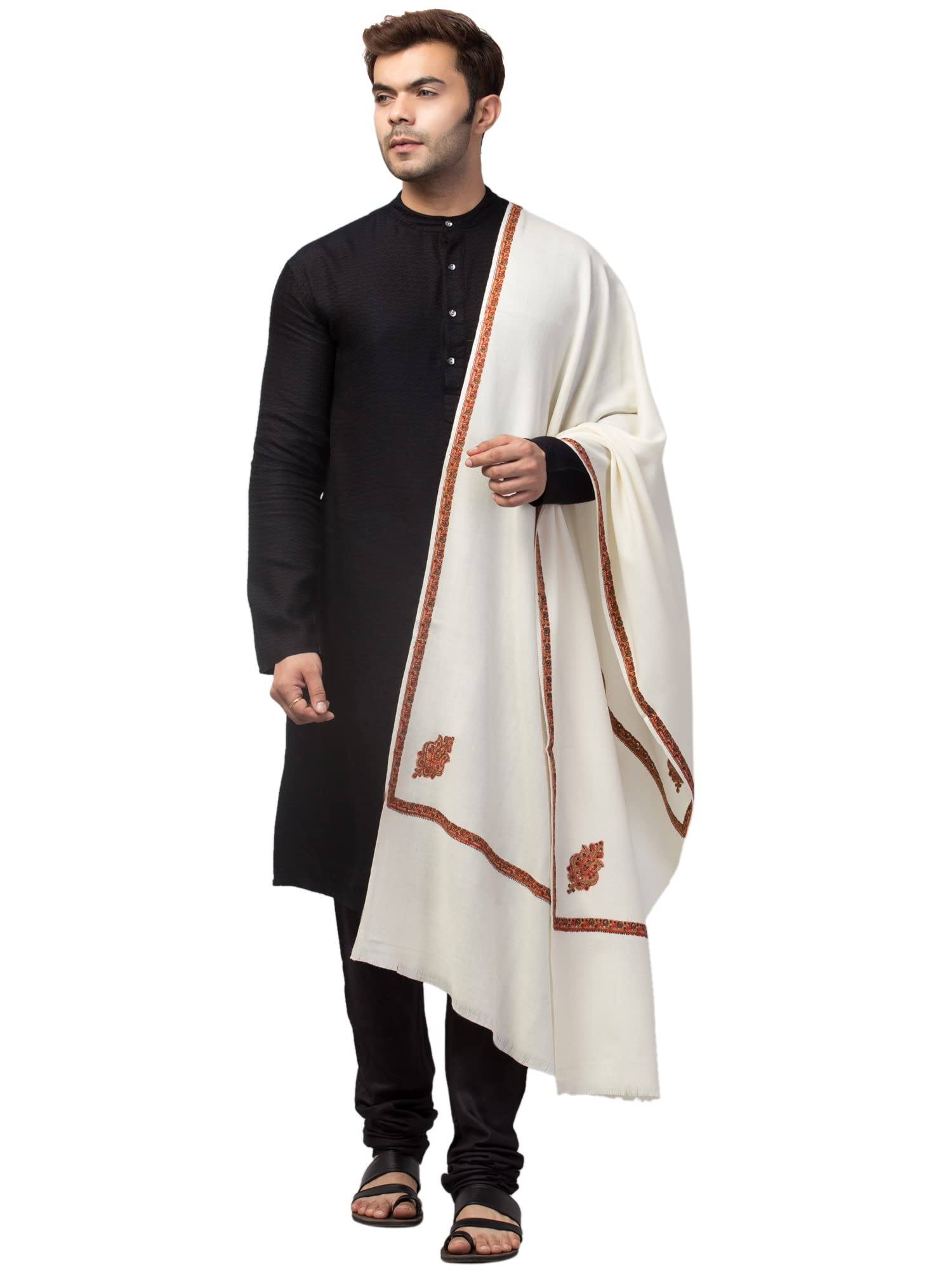 Men’s Large Size Off White Pure Wool Kingri Border Stole/Shawl for Winters-image-49