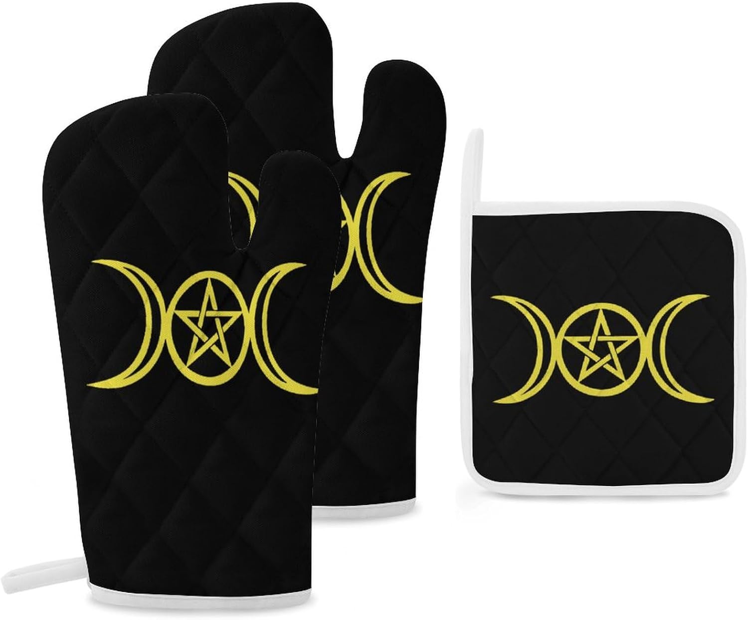 Triple Moon Pentacle Print Oven Mitts and Pot Holders 3 Piece Sets Heat Resistant Gloves Hot Pads Potholders for Kitchen Baking Cooking