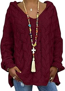 Womens Loose Chunky Cable Knit Hooded Sweaters V Neck Long Sleeve Pullov...