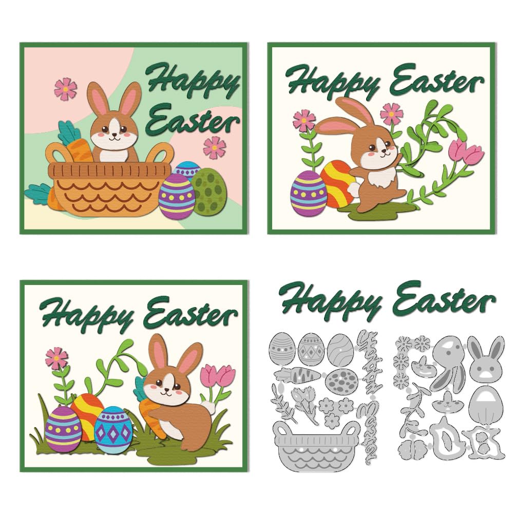 DELORIGIN Easter Elements Dies Cuts Easter Words Rabbit Carbon Steel Cutting Dies Card Making Stencils Template for DIY Embossing Scrapbooking Craft Paper Greeting Card Gift Album Paper Easter Decor