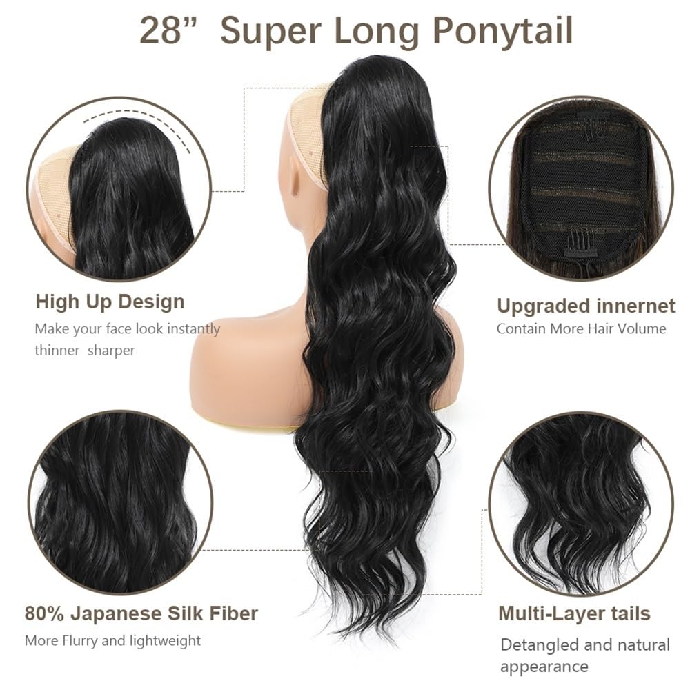 Pferdeschwanz, 28" lange synthetische Pferdeschwanzverlängerung mit Kordelzug und Clip for Einstecken, nass und gewellt(Light brownish gold)