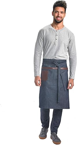 Miniatura 1 de Mercer Culinary Metro Edge - Delantal para servidor, Mid-Bistro, Wyatt Indigo Denim con detalles de cuero marrón