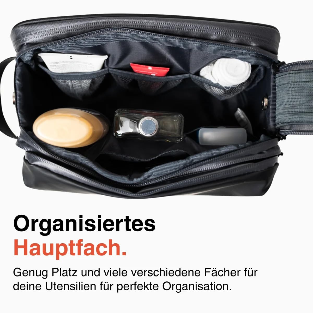 LODA Kulturbeutel 7L - Herausnehmbares Duschfach - Organisiertes Hauptfach | Wasserfestes Seitenfach – Integrierte Aufhängung – Aufklappbares Seitenfach – Spiegel – Hygienisches Zahnbürstenfach