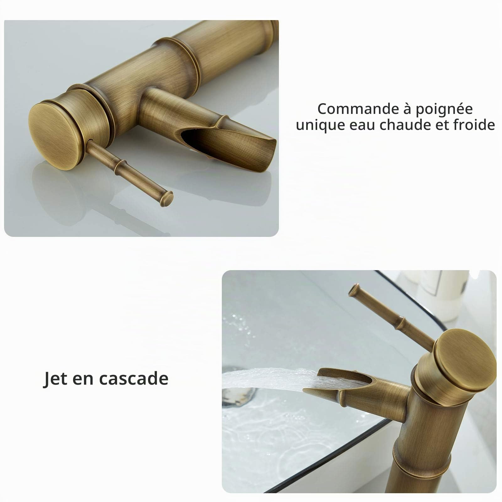 Namuoto Robinet Salle Bain Bambou Haut, Mitigeur Cascade Lavabo Robinet de Lavabo Mitigeur, Robinetterie Monotrou Eau chaude et froide Disponible, 3 Joints Break Mouth