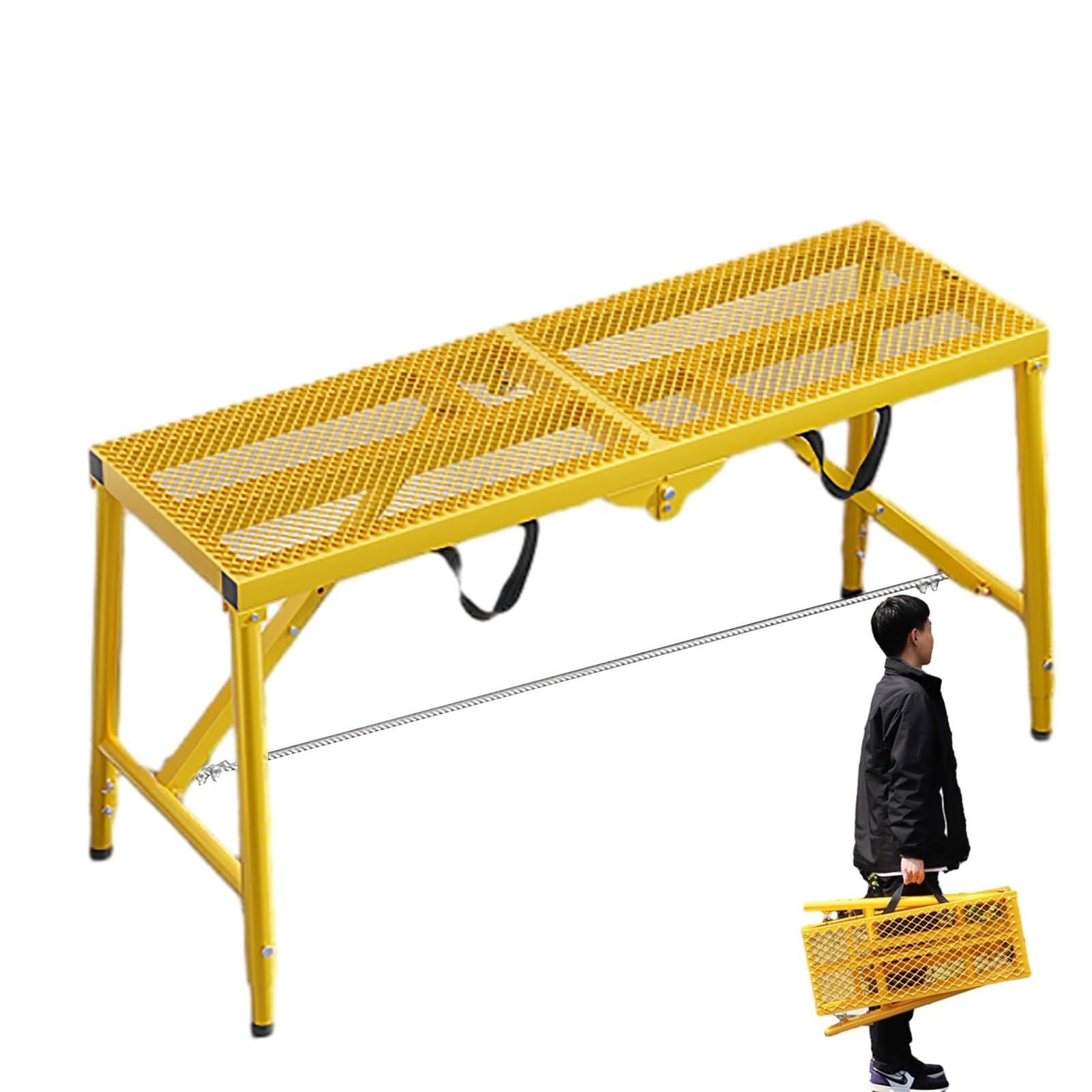 Ponteggio Pieghevole Regolabile, Altezza 4/5/6 Piedi, Giallo, 180x40 cm (70,9" x15,8) per Lavaggio Veicoli, Pulizia vetri e progetti Fai da Te