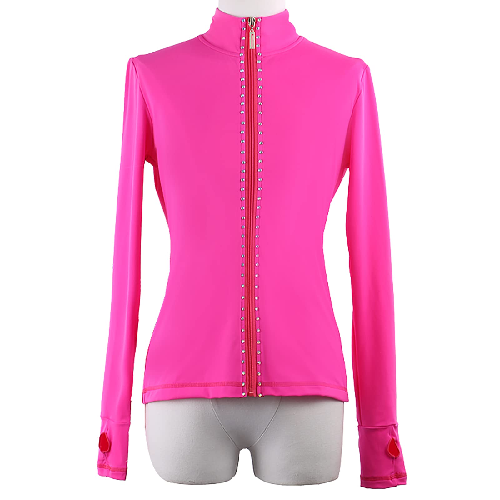 Chaqueta de Patinaje Artístico con Pedrería y Brazalete para Pulgar Niñas y Mujeres Manga Larga Prendas Abrigo Entrenamiento de Patinaje sobre Hielo(Size:S.,Color:Rosa roja)
