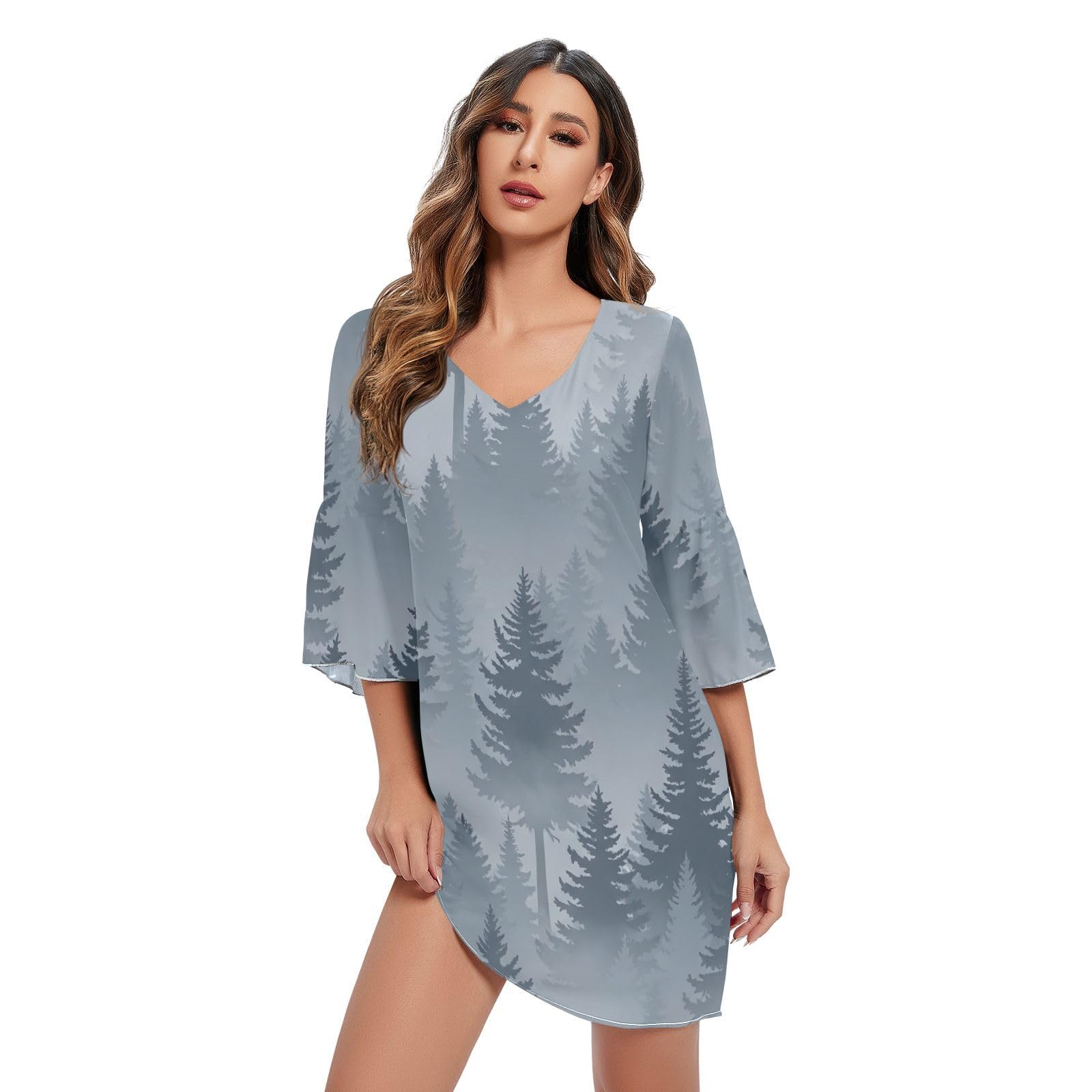 Robe de soirée imprimée Pine Trees col en V chic bleu gris