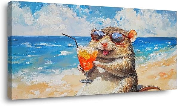 ZESTRILIA Beach Hamster Canvas Wall Art for Living Room Office Contemporary Coastal Funny Colorful Canvas Artwork Bedroom Family Room Decor