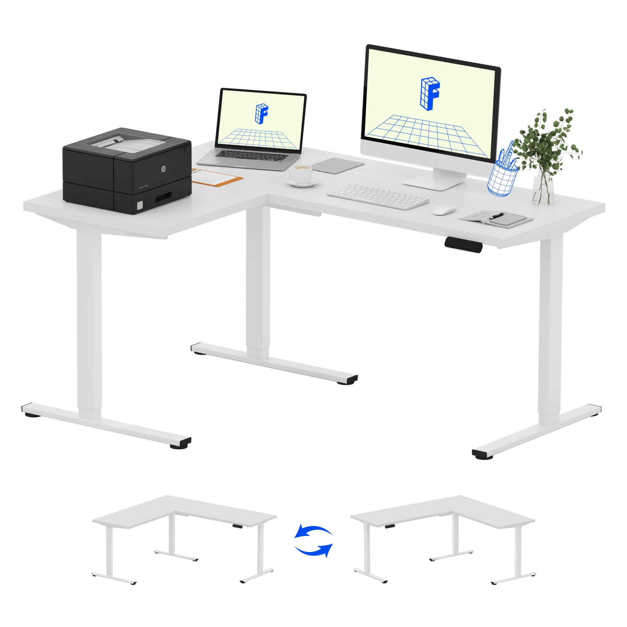 FLEXISPOTL Shaped Standing Desk, 63 x 47 Inch Electric Height Adjustable Corner Desk, Sit Stand Computer Workstation, Preset Controller, Home Office, White Frame with White Top