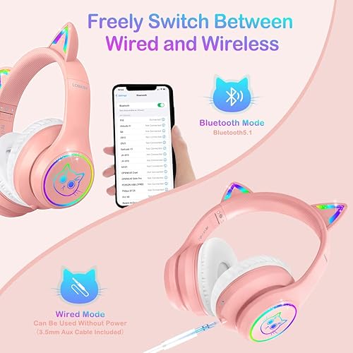 Miniatura 3 de LOBKIN Bluetooth 5.3 Kids Headphones with Case - RGB LED Light Up Cat Ears Foldable Adjustable Over Ear Headphone Support Wireless or 3.5mm Wired