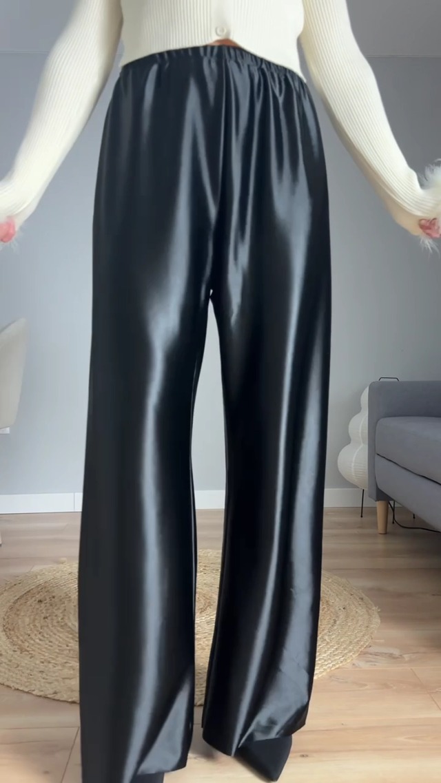 Women Satin Wide Leg Dress Pants Silk Casual Dressy Long Flowy Pants  Elastic High Waisted Trousers (US, Alpha, X-Small, Regular, Regular, Black)  at Amazon Women's Clothing store