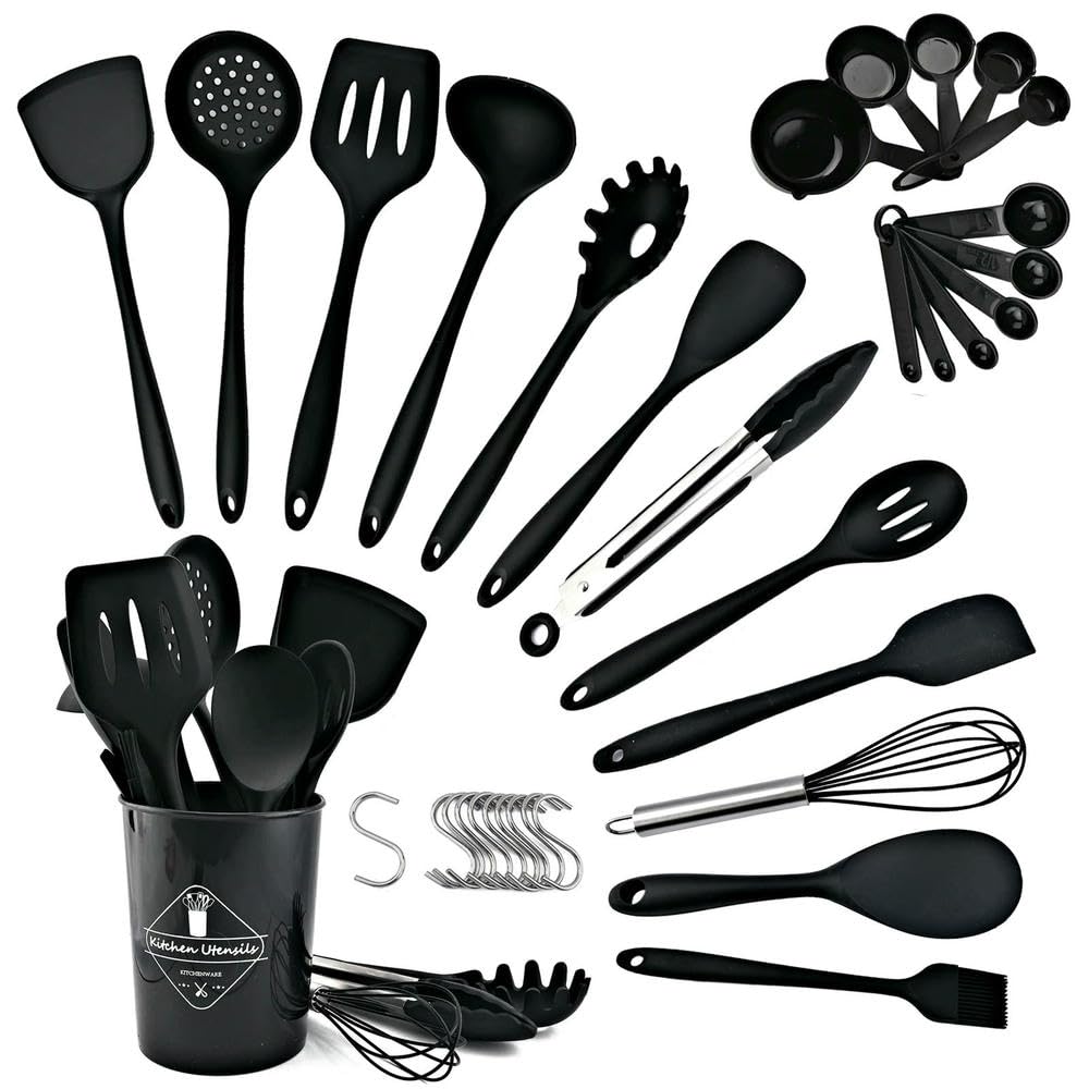 WLDMA Ensemble d'ustensiles de cuisine noirs en silicone de qualité alimentaire avec spatule, pelle à soupe, cuillère à soupe, ustensiles de cuisine BPA
