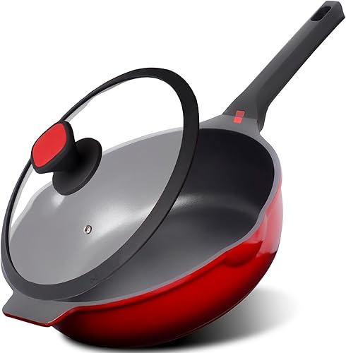 DIIG Sartén antiadherente profunda con tapa, sartén para saltear de 12 pulgadas5.5 cuartos de galón con colador, sartén de cocina para cocinar,