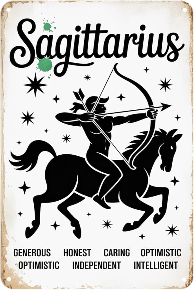 Sagittarius Zodiac tin sign, Vintage Horoscope Metal Sign print Aesthetic Room Decoration for Home Bedroom Kitchen Bar Coffee Bathroom Indoor Outdoor Wall Decor, 8 X 12 IN