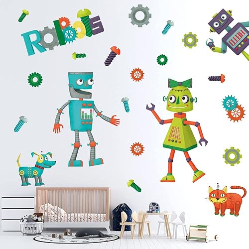 Miniatura 3 de Pegatina de pared de robot de juguete para niños calcomanía de robot de dibujos animados desmontable para decoración de pared verde