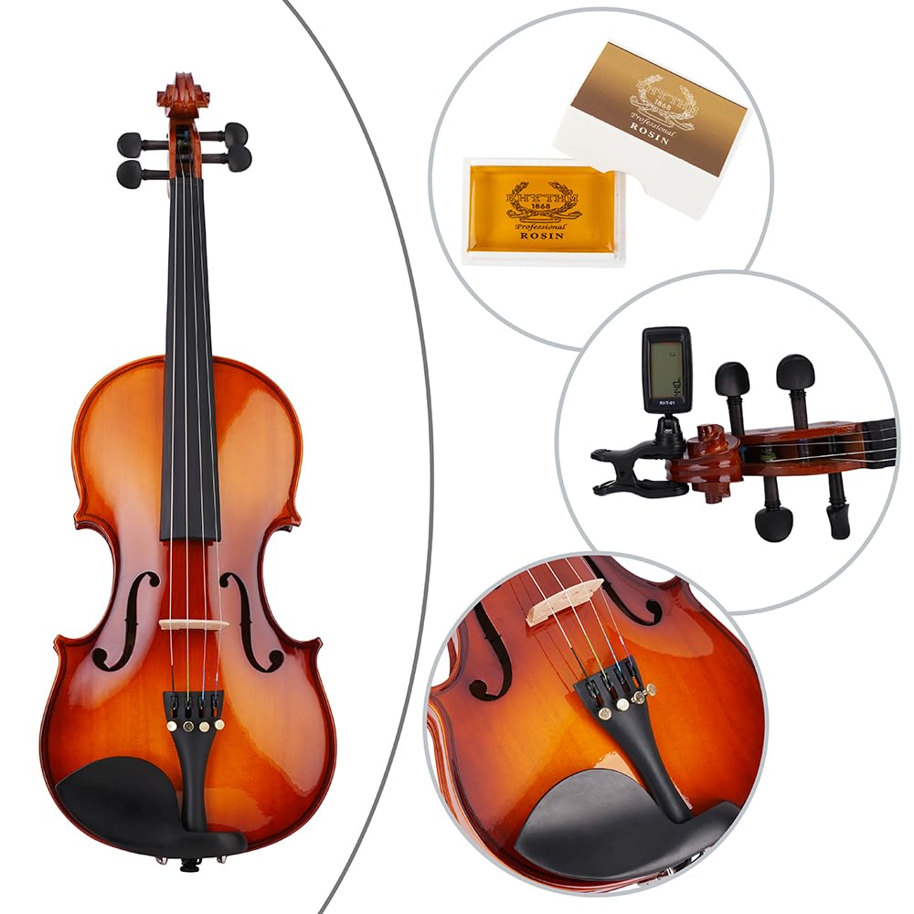 Rhythm 1/2 Violine Set halbe Größe für Anfänger mit Hartschalenkoffer, Kolophonium, Schulterstütze, Bogen und extra Saiten