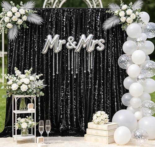 Image of Black Sequin Backdrop Curtain Drapes Wall Backdrop Party Decorations 8x8FT | Twilight Sparkle Glitter Fabric for Photography Background /Wedding /Baby Shower /Pincess Happy Birthday /Theme Party