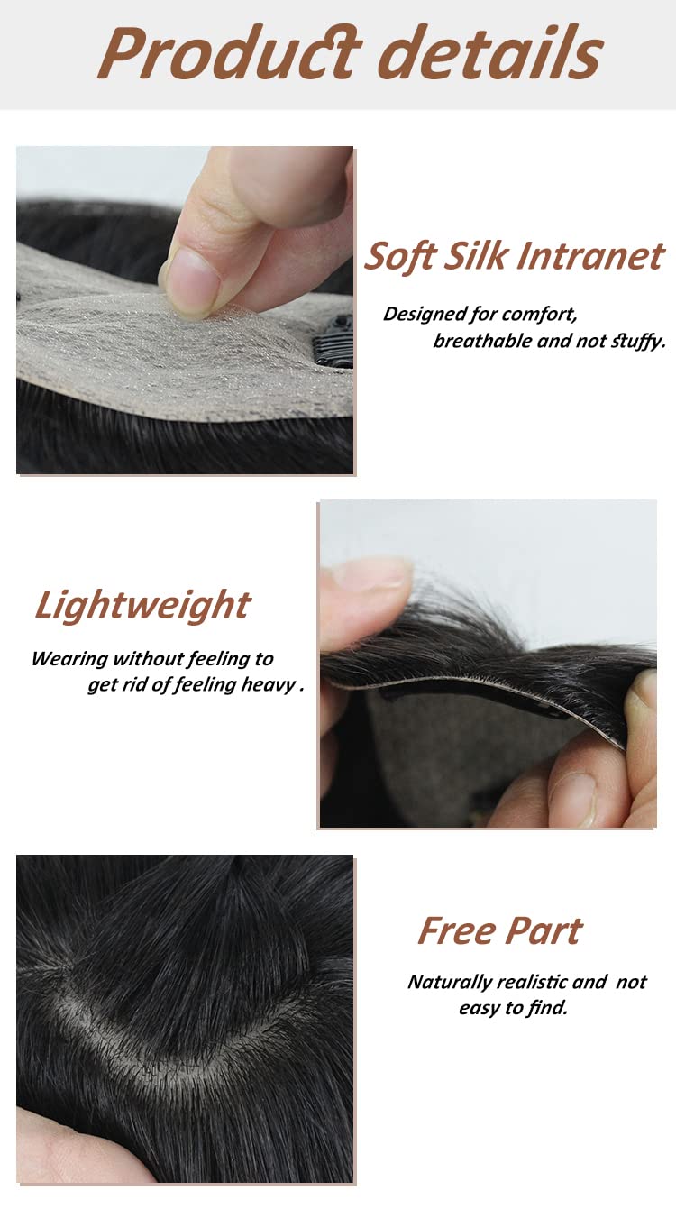 Short Fluffy Curly Human Hair Topper Top Hairpiece Toupee Clip in Hair Extension 6x12cm Simulated Scalp Silk Skin Base Natural Curly Topper Hair Piece for Women to Cover Hair Seam Black Color