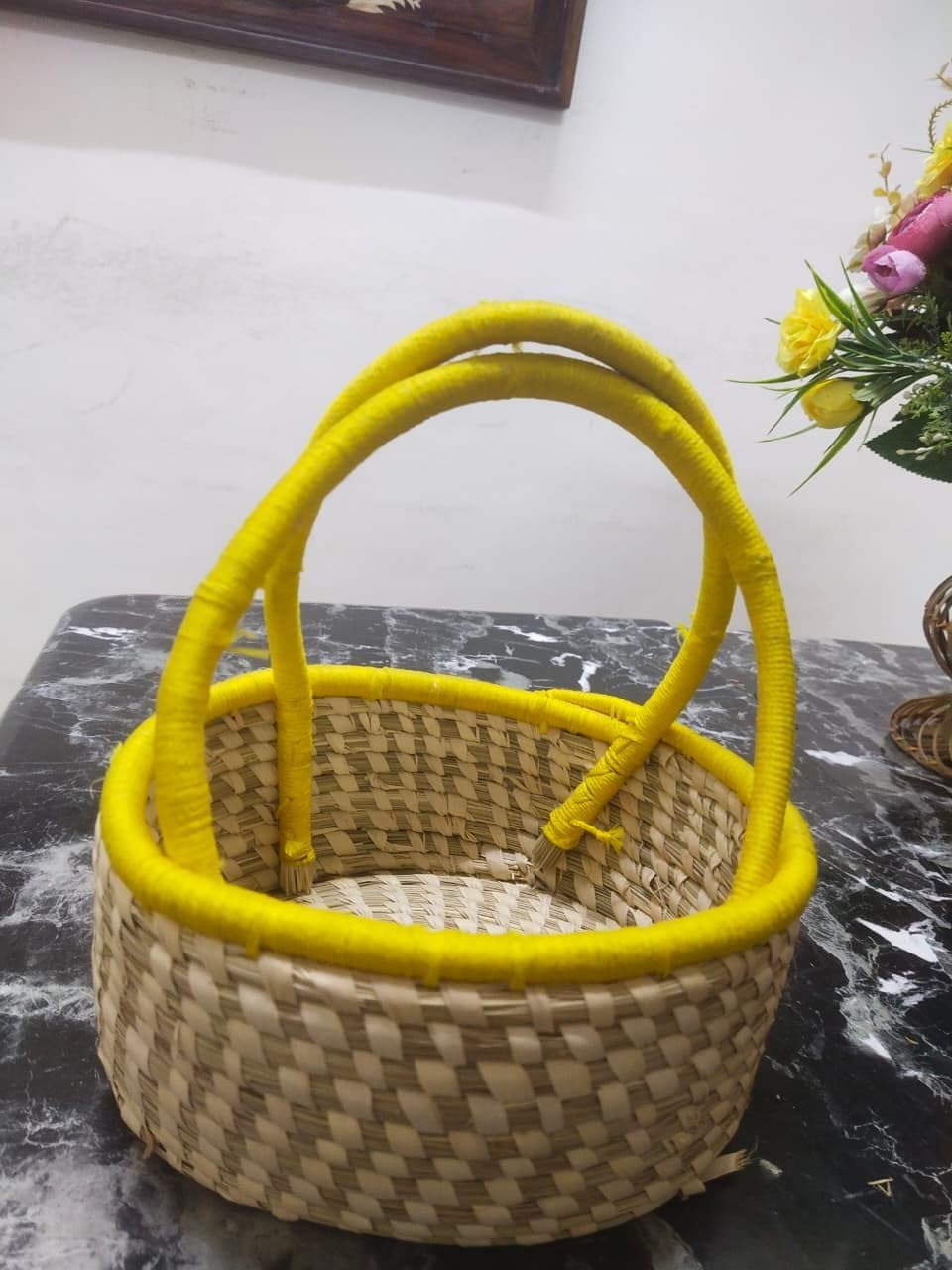 Bhartiye Crafts Handcrafted Sabai Grass Hamper Baskets with Vibrant Handles Set of 1