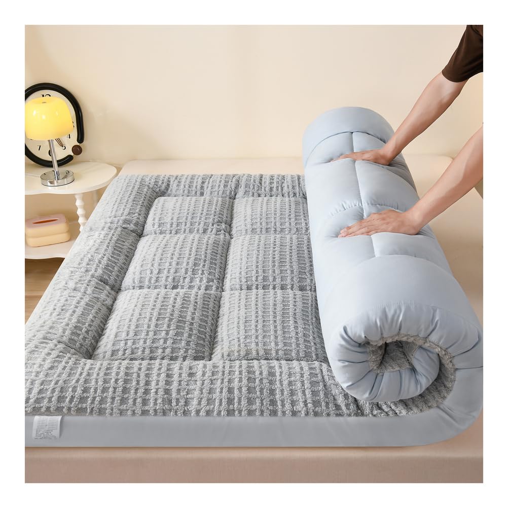 Velours Matelas de Sol Tatamis Adulte, Duveteux Matelas Futon Pliable 1 Place 2 Places, Couleur Unie Tatami Epais pour Matelas, Doux Futon Japonais avec Bande Élastique,F,120x200cm/47x79in