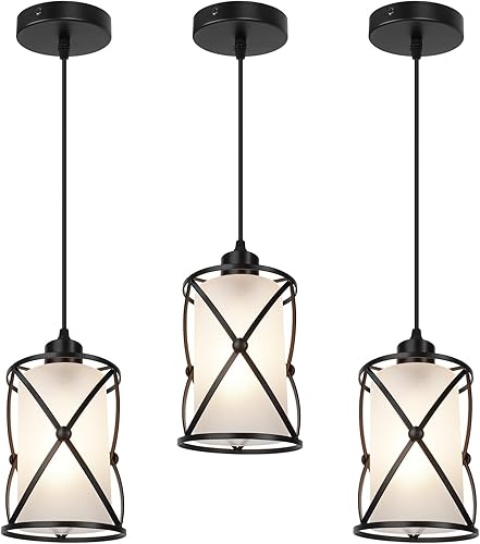 Paquete de 3 luces colgantes modernas para cocina, luces colgantes negras con sombreado de vidrio, lámpara colgante de jaula de metal para comedor,