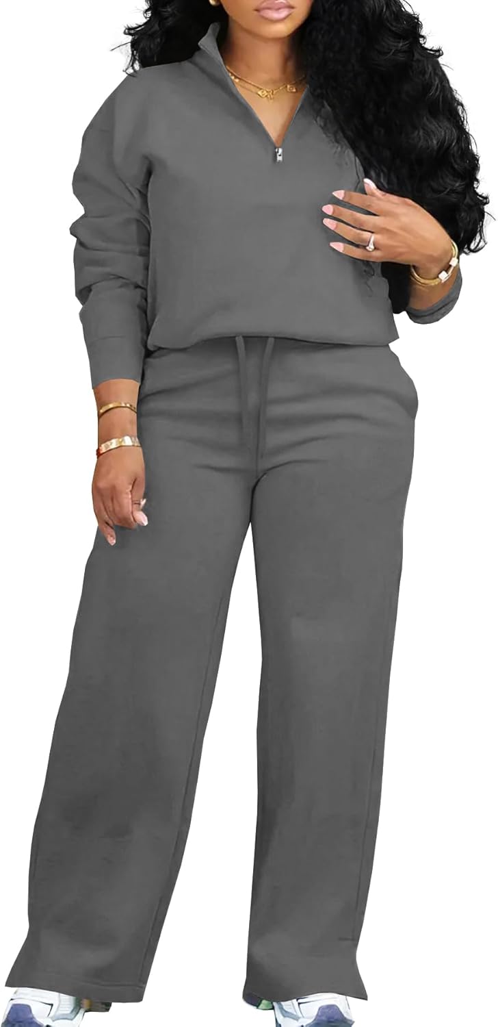 MOEENCN Women 2 Piece Outfits Sweatsuit Oversized Half Zip Sweatshirt Wide Leg Sweatpant Casual Lounge Matching Set Tracksuit
