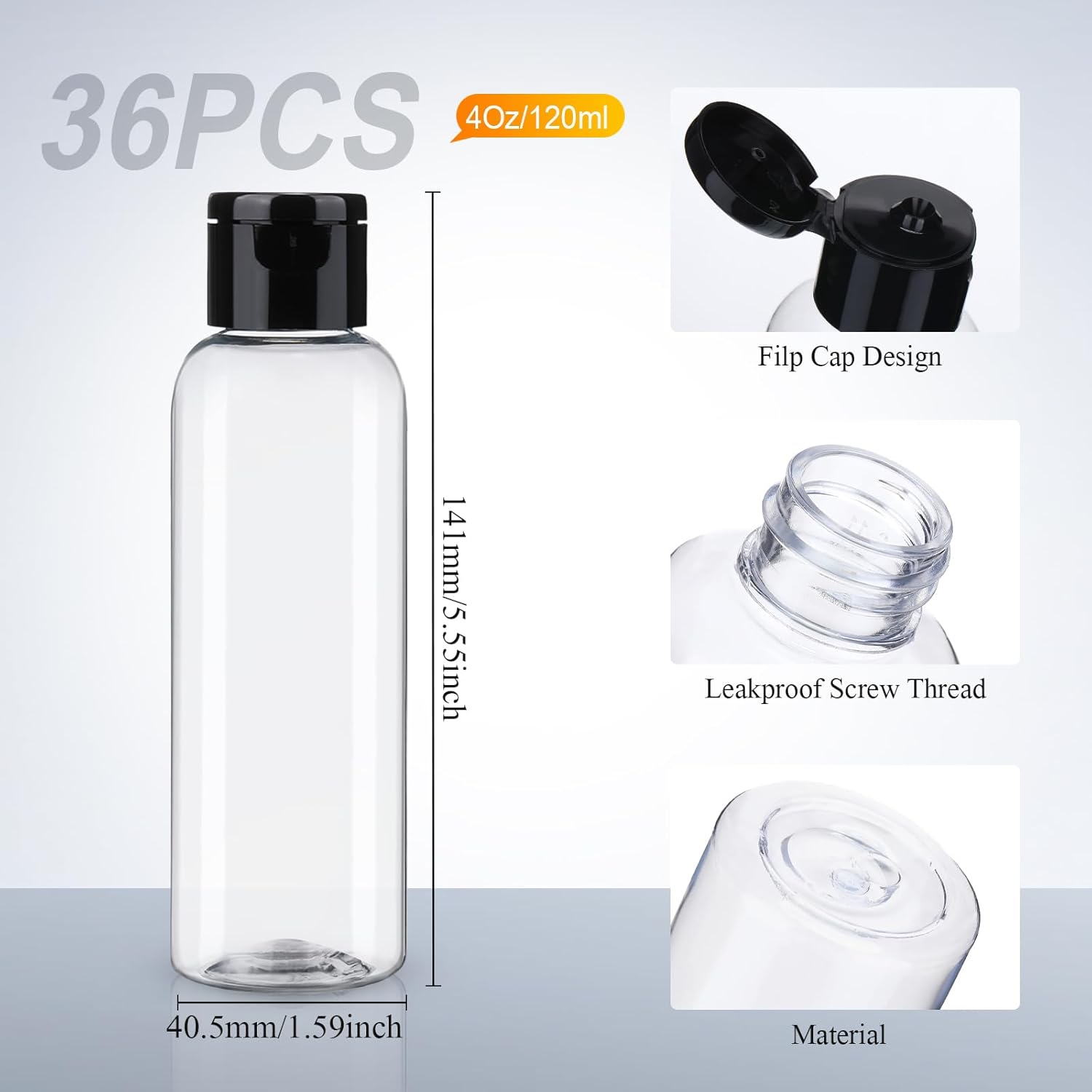 Zubebe 36 Pcs Plastic Travel Bottles with Disc Top Flip Cap Empty Refillable Squeeze Travel Containers for Shampoo Lotions Cream Toiletries Liquid Body Soap (Clear and Black, 4 oz)