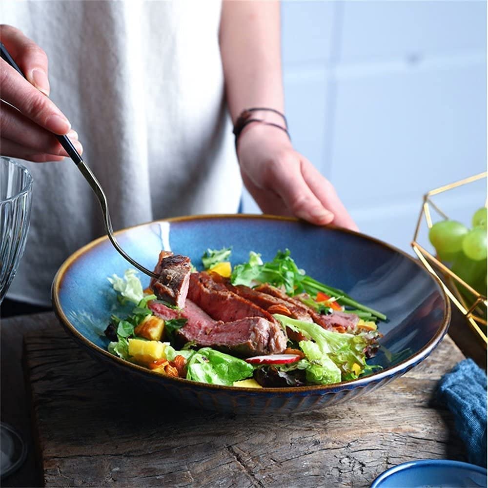 ERoomQ Pasta Bowls Large Fruit Salad Soup Noodle Ramen Bowl Creative Steak Pasta Deep Plate Mixing Serving Bowl Ceramic Tableware Oven Microwave Safe 9 Inches Salad,